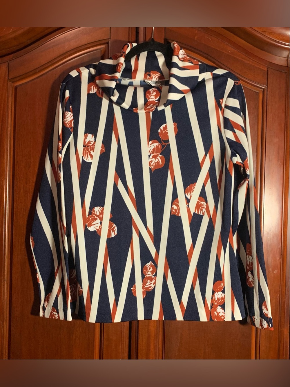 Navy Striped Floral Long-Sleeve Cowl Neck Top